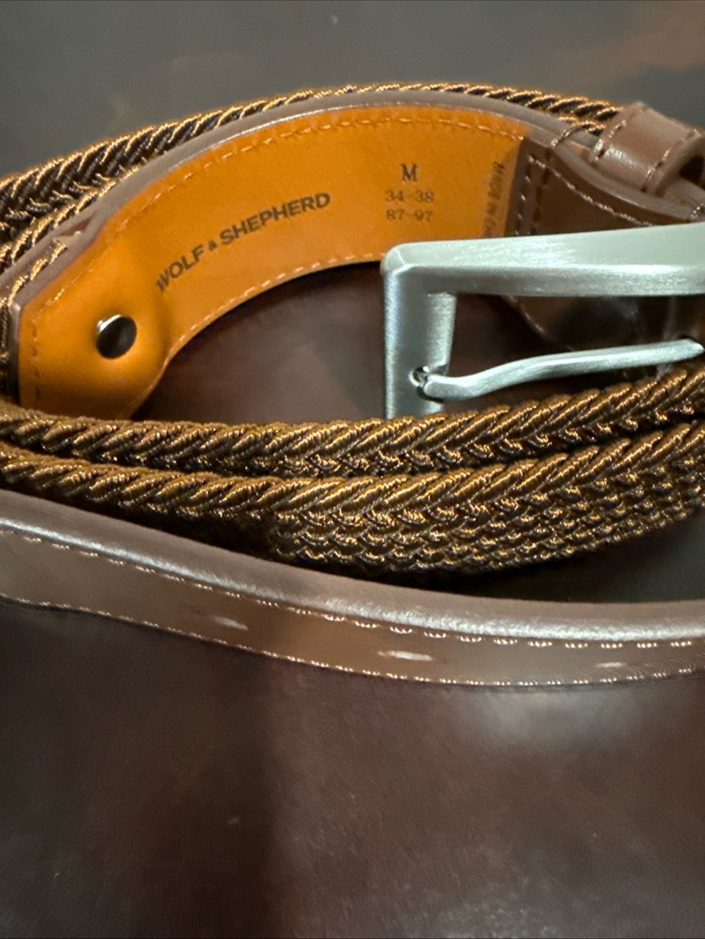 Wolf & Shepherd Stealth Woven Belt Medium 34 - 38 Stretch Maple Brown Leather - Picture 5 of 5